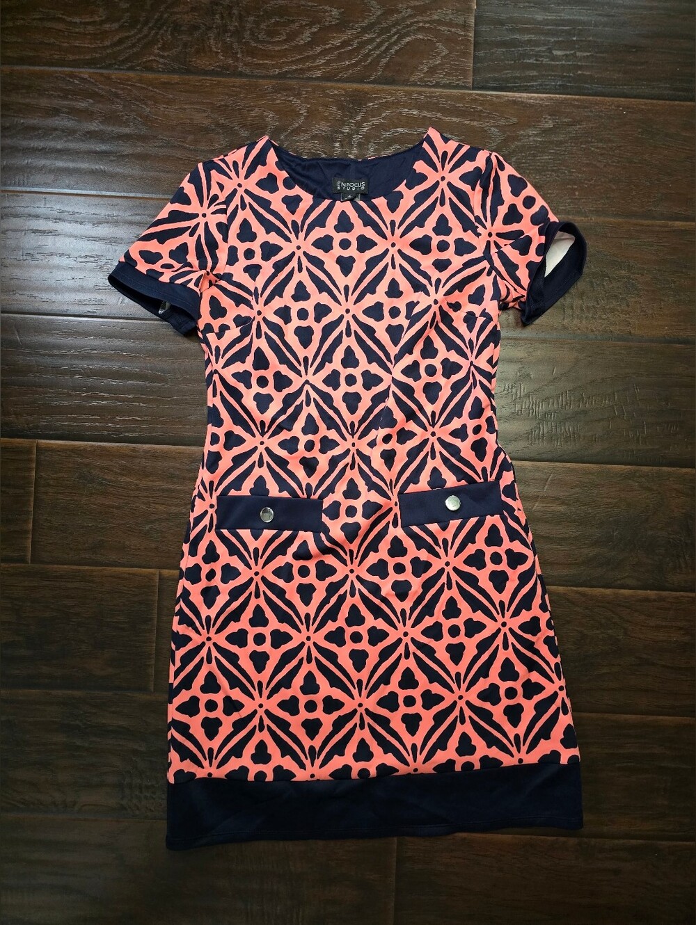 Enfocus Studio Womens Pink Navy Geo Print Knee Length Short Sleeve Dress Size 8